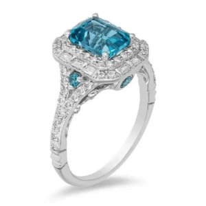 Enchanted Disney Cinderella 8*6 mm Aqua Blue Emerald Cut & 3/4 Ct Signity Diamond Double Frame Engagement Ring -Promise Ring- Gifts For Her