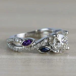 Vintage Twisted Petal Moissanite Engagement Ring Leaf Marquise Sapphire and Amethyst Diamond Engagement Ring, Bridal Ring