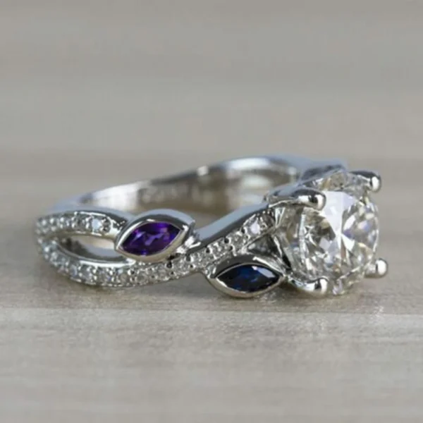 Vintage Twisted Petal Moissanite Engagement Ring Leaf Marquise Sapphire and Amethyst Diamond Engagement Ring, Bridal Ring