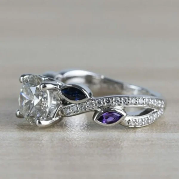 Vintage Twisted Petal Moissanite Engagement Ring Leaf Marquise Sapphire and Amethyst Diamond Engagement Ring, Bridal Ring