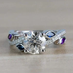 Vintage Twisted Petal Moissanite Engagement Ring Leaf Marquise Sapphire and Amethyst Diamond Engagement Ring, Bridal Ring