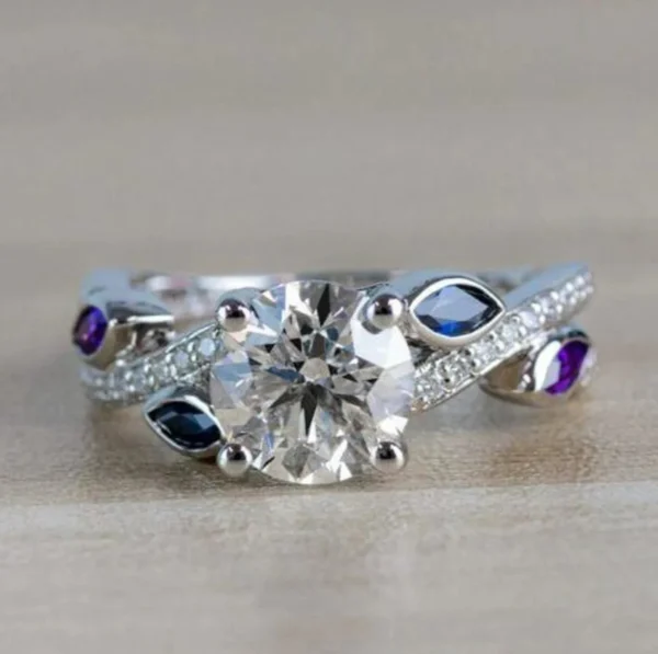 Vintage Twisted Petal Moissanite Engagement Ring Leaf Marquise Sapphire and Amethyst Diamond Engagement Ring, Bridal Ring