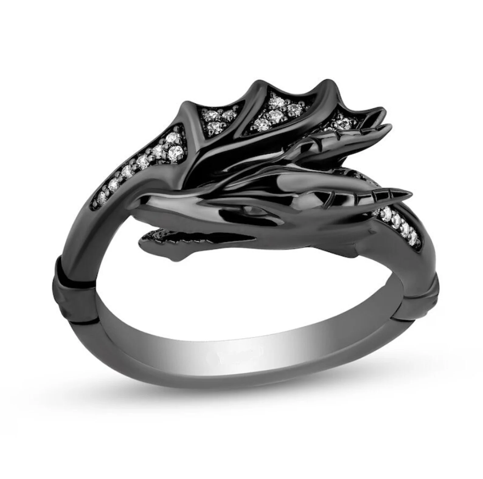 Enchanted Disney Villains Maleficent 1/8 CT. T.W. Diamond Dragon Wrap Ring in 925 Sterling Silver with Black Rhodium, Wedding Ring, Hotring
