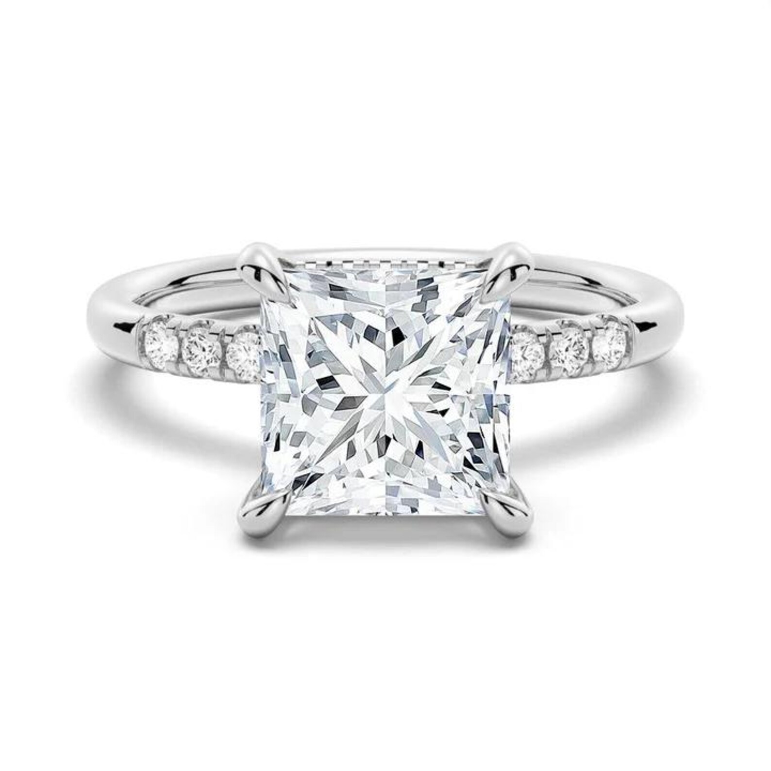 Solitaire Princess Cut Moissanite Diamond Engagement Ring, Moissanite Diamond Ring Half Eternity Anniversary Ring for Gift