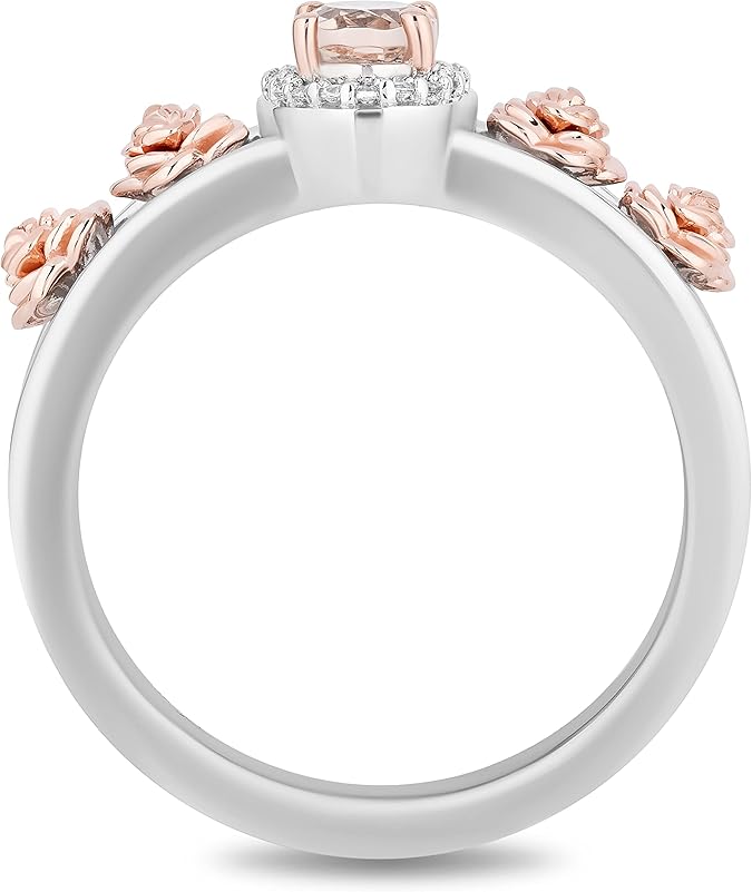 Enchanted Disney Fine Jewelry Sterling Silver and 10K Rose Gold with 1/20 CTTW Diamond and Manganite Aurora Halo Filigree Ring