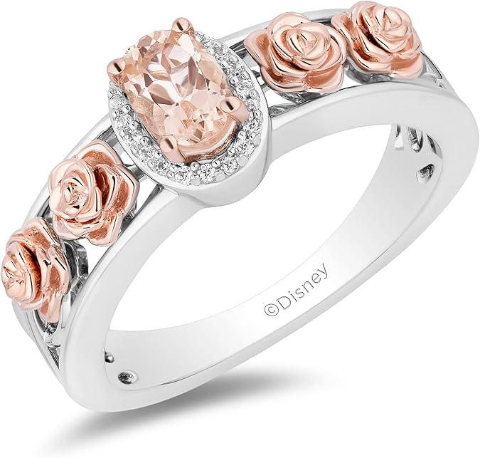 Enchanted Disney Fine Jewelry Sterling Silver and 10K Rose Gold with 1/20 CTTW Diamond and Manganite Aurora Halo Filigree Ring