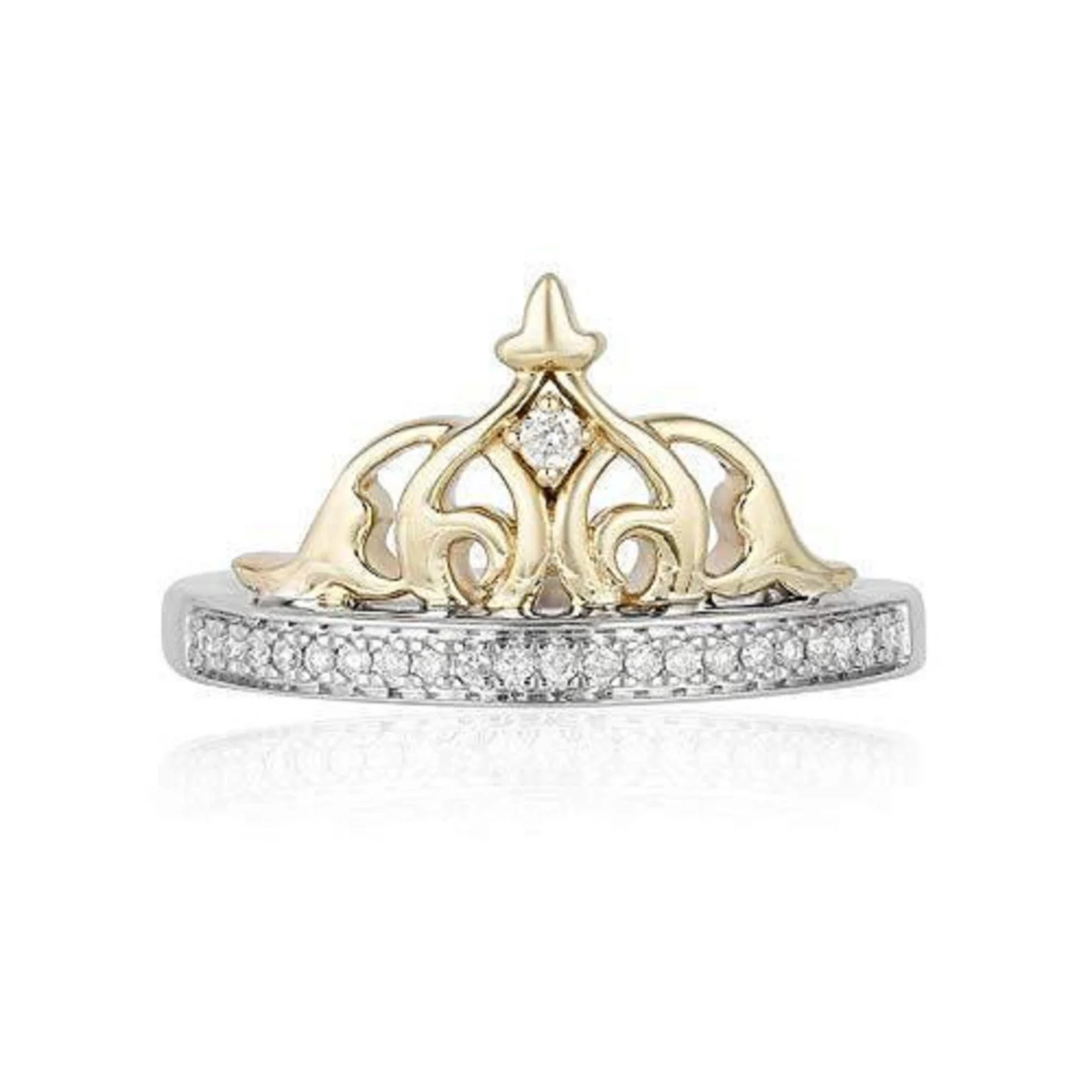 Two Tone Enchanted Disney Fine Jewelry 10K Yellow Gold Finish 1/10 CTTW Jasmine Tiara Ring In 925 Sterling Silver