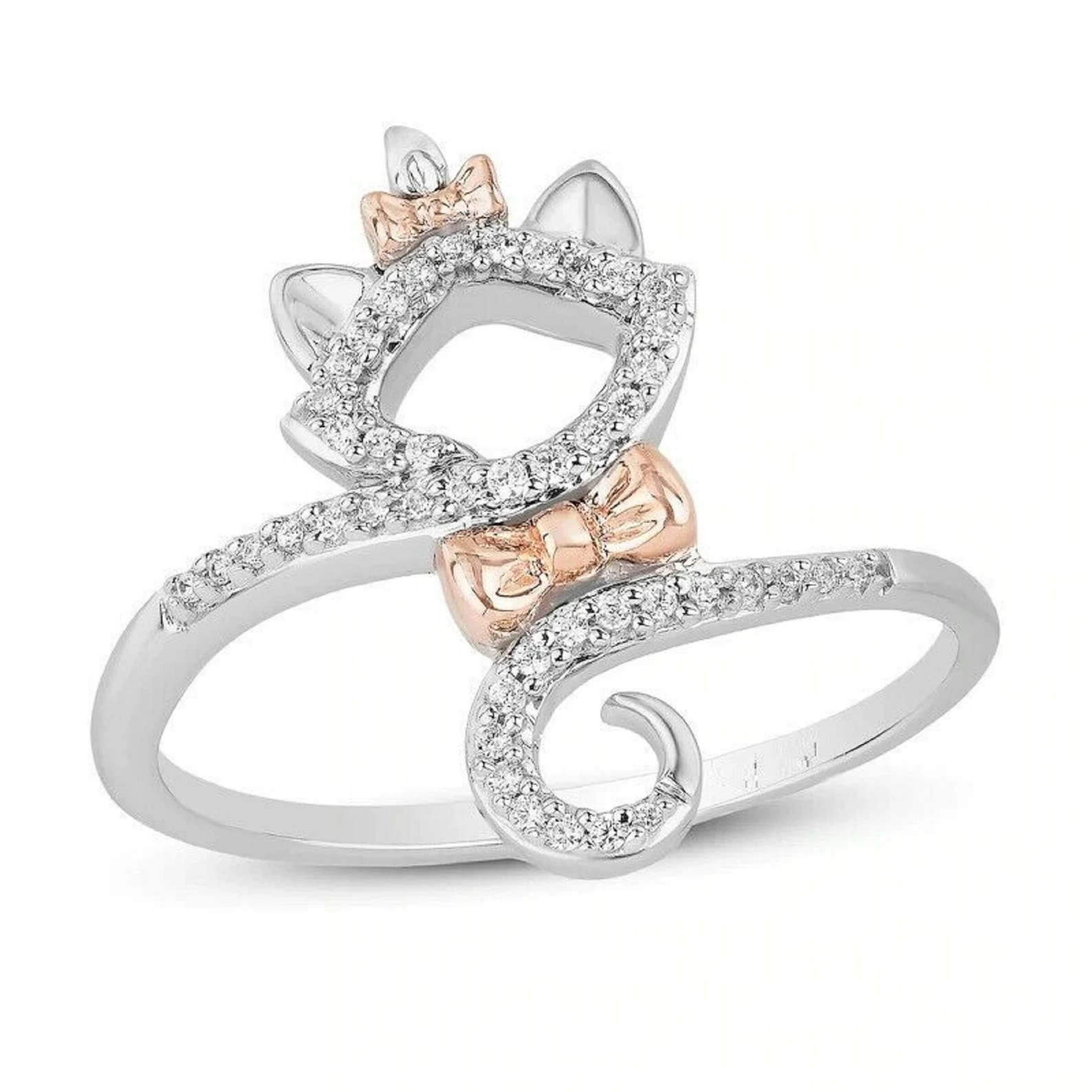 Two Tone Disney Treasures Aristocats 1/10 CT VVS1 D Round Cut Cubic Zirconia Diamond Engagement Wedding Ring 14K White & Rose Gold Finish