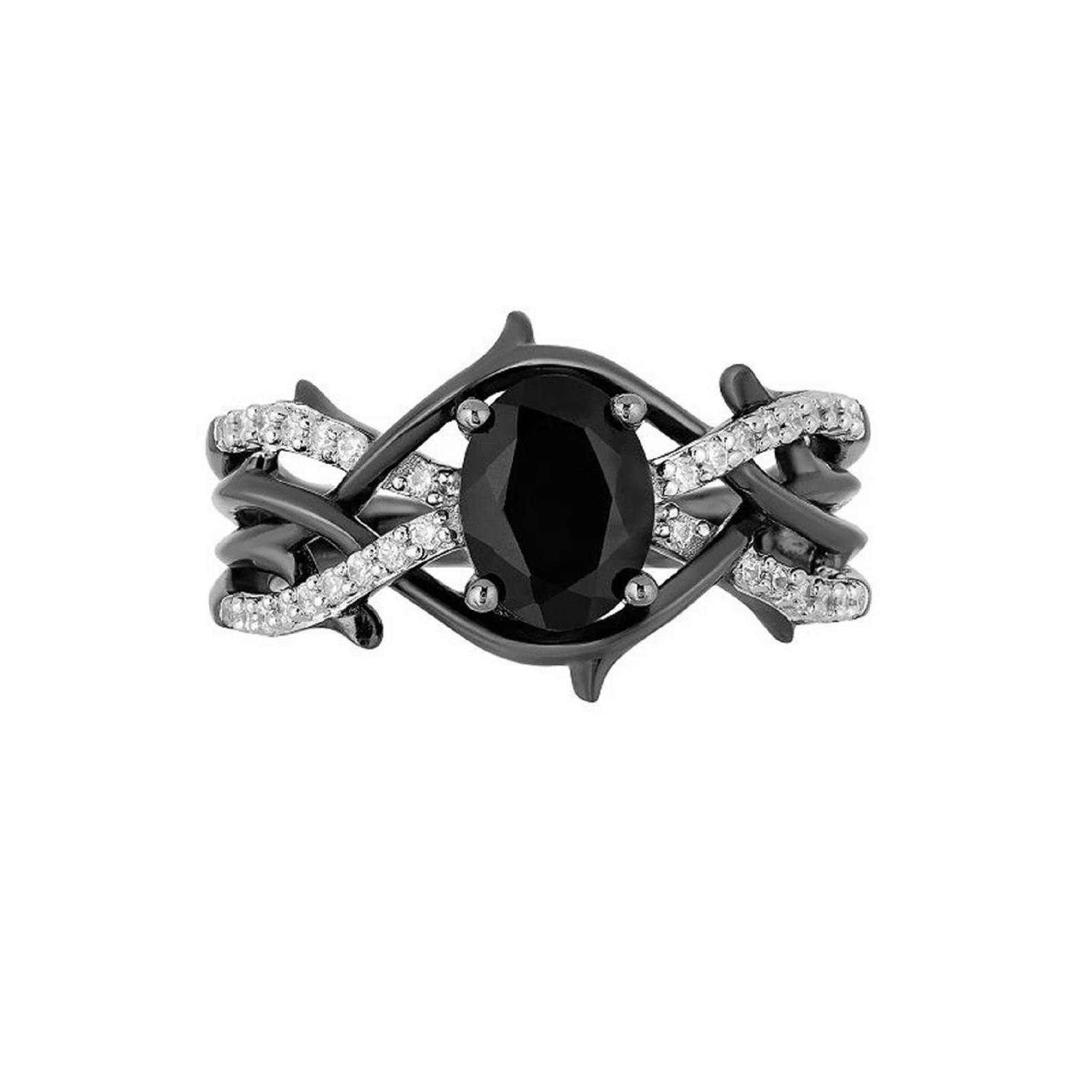 Enchanted Disney Villain 8*6 mm Black Oval Diamond Maleficent Dainty Ring Crossover Shank Sterling Silver Black Rhodium-Twig Engagement Ring