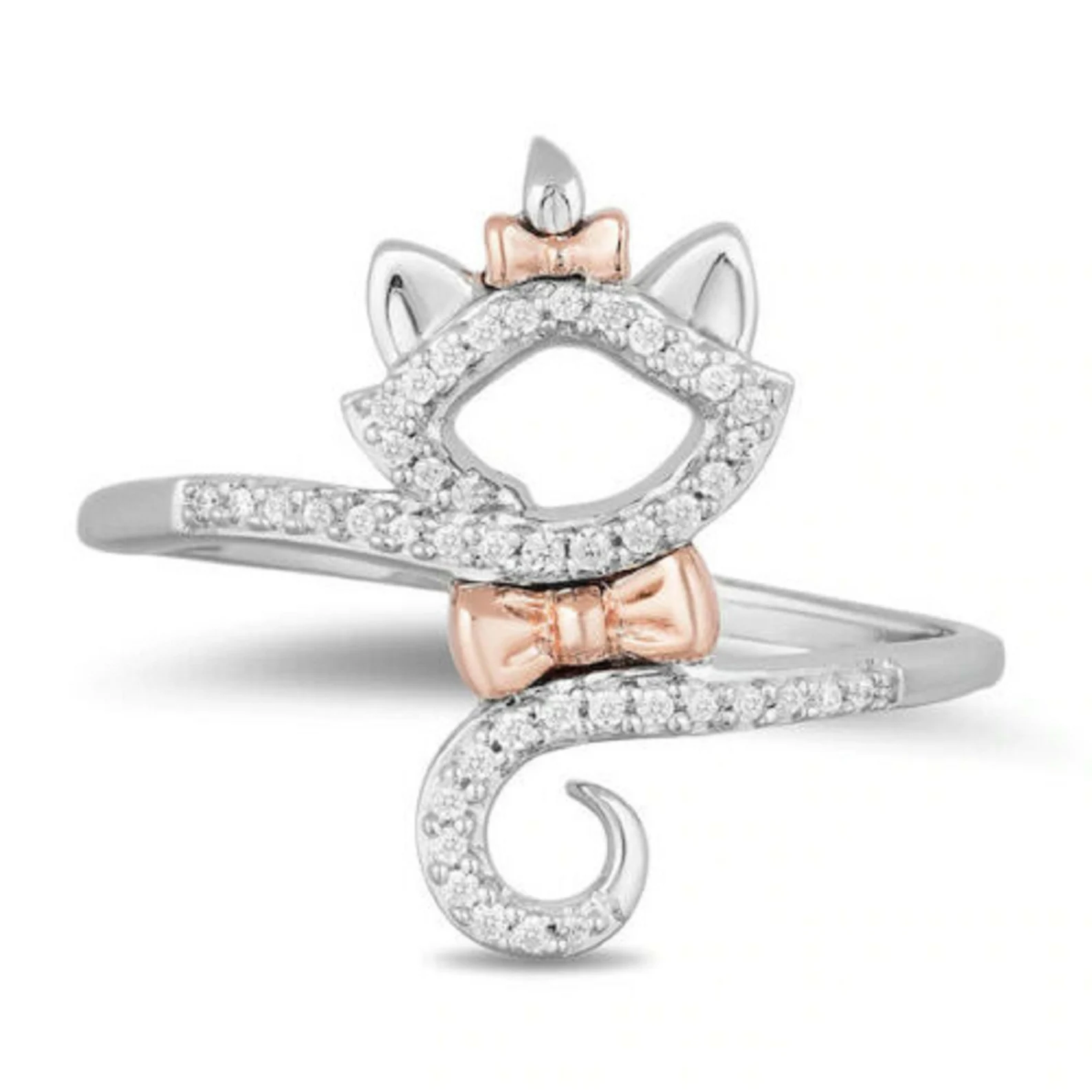 Two Tone Disney Treasures Aristocats 1/10 CT VVS1 D Round Cut Cubic Zirconia Diamond Engagement Wedding Ring 14K White & Rose Gold Finish