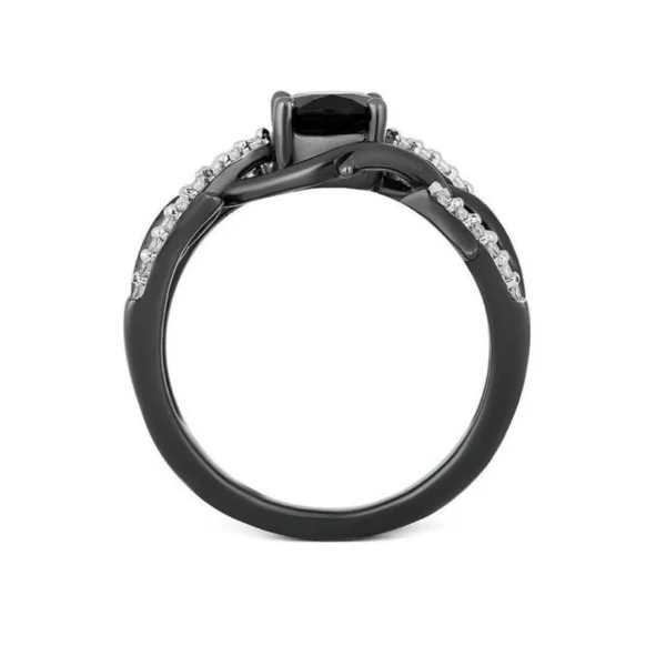 Enchanted Disney Villain 8*6 mm Black Oval Diamond Maleficent Dainty Ring Crossover Shank Sterling Silver Black Rhodium-Twig Engagement Ring