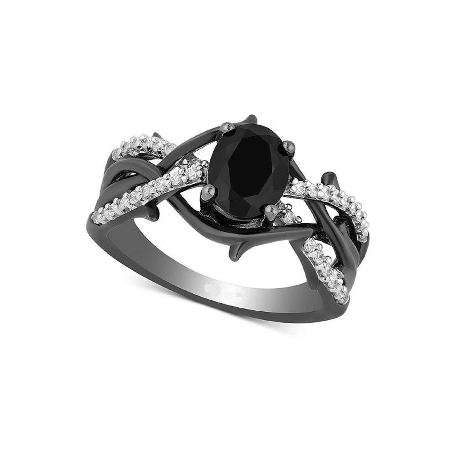 Enchanted Disney Villain 8*6 mm Black Oval Diamond Maleficent Dainty Ring Crossover Shank Sterling Silver Black Rhodium-Twig Engagement Ring