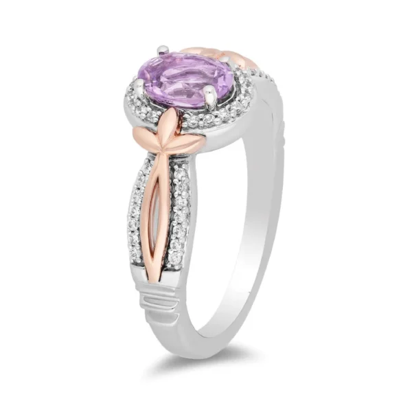 Enchanted Disney Oval Lavender Rose de France Amethyst and 1/6 CT Simulated Diamond Ring in 925 Sterling Silver and 14K Rose Gold Finish