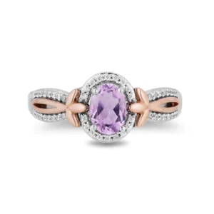 Enchanted Disney Oval Lavender Rose de France Amethyst and 1/6 CT Simulated Diamond Ring in 925 Sterling Silver and 14K Rose Gold Finish