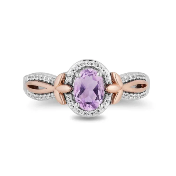 Enchanted Disney Oval Lavender Rose de France Amethyst and 1/6 CT Simulated Diamond Ring in 925 Sterling Silver and 14K Rose Gold Finish