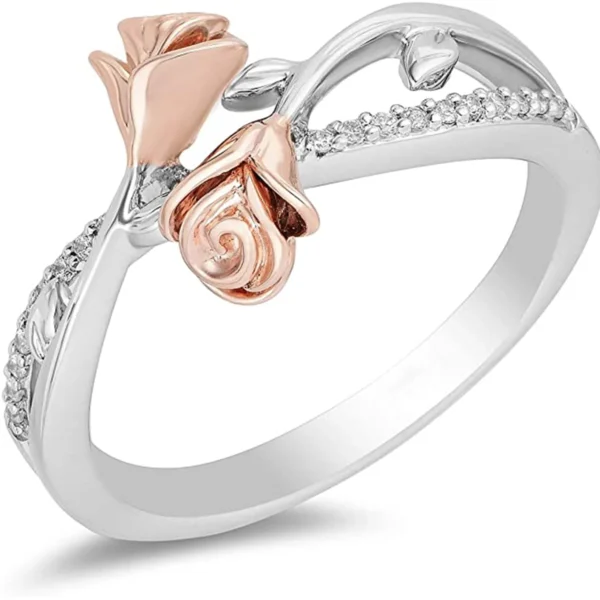 Enchanted Disney Ring, Fine Jewelry Ring,14K Rose Gold over Sterling Silver 1/10 TCW Belle Rose Fashion Ring, Enchanted Collection