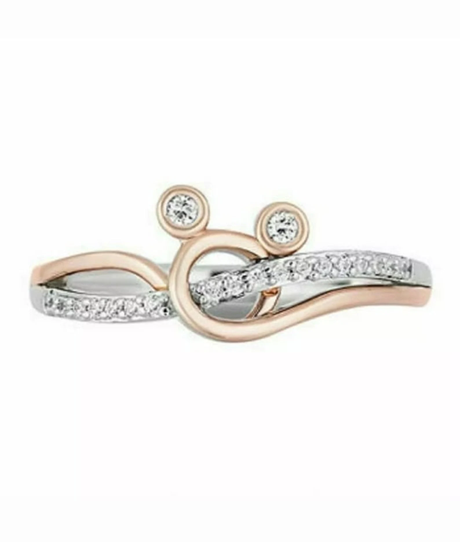 Twisted Mickey Mouse Face Ring, Minnie Mouse Ring, Enchanted Two-Tone Ring, Engagement Diamond Ring, Round Cut Diamond Wedding Ring
