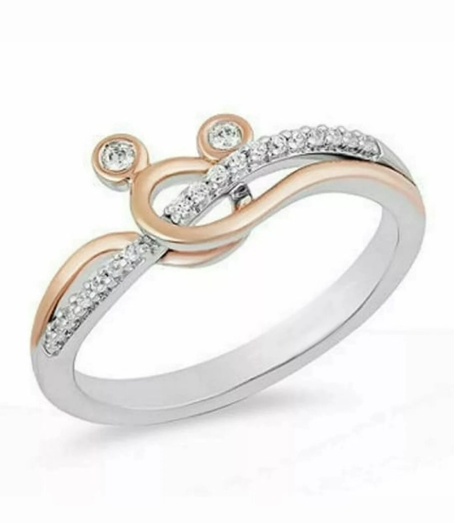 Twisted Mickey Mouse Face Ring, Minnie Mouse Ring, Enchanted Two-Tone Ring, Engagement Diamond Ring, Round Cut Diamond Wedding Ring