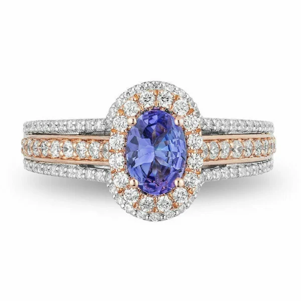 1.50 CT Oval Cut Tanzanite Disney Double Frame Wedding Engagement Ring in 925 Sterling Silver, Halo Wedding Rings For Her, Two Toned Ring
