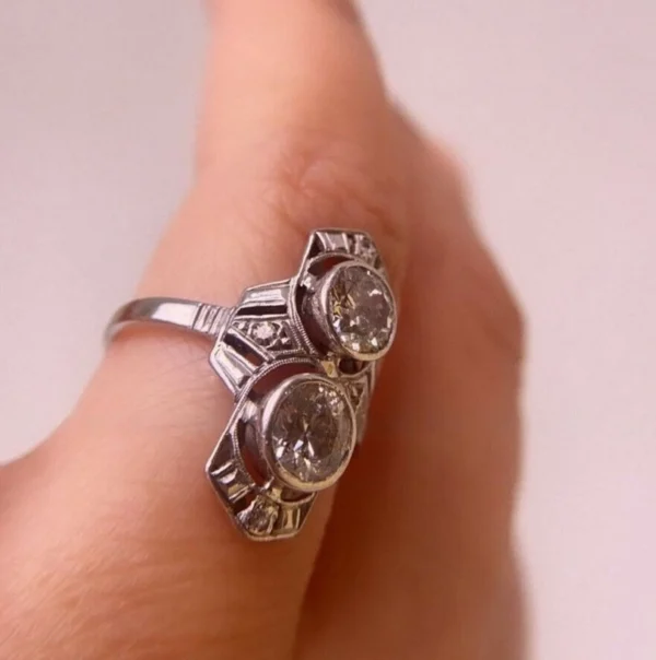 Art Deco Engagement Ring, Two Stone Round Diamond Ring, Vintage Edwardian Ring, Vintage Dinner Ring, Women's Handmade Fine Jewelry