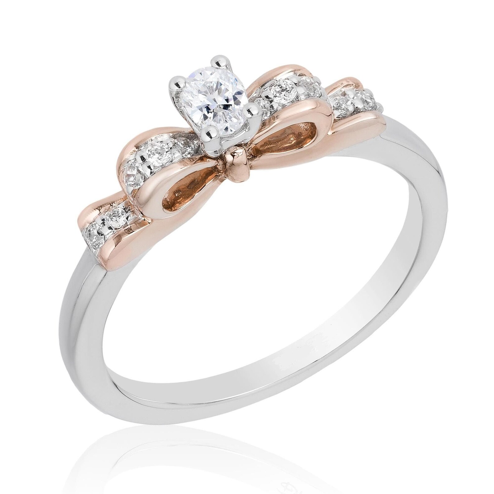 Enchanted Disney Vault Snow White Diamond Bow Engagement Ring in Two-Tone Sterling Silver Unique Sparkling Ring Brilliant Oval Diamond Ring