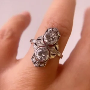 Art Deco Engagement Ring, Two Stone Round Diamond Ring, Vintage Edwardian Ring, Vintage Dinner Ring, Women's Handmade Fine Jewelry