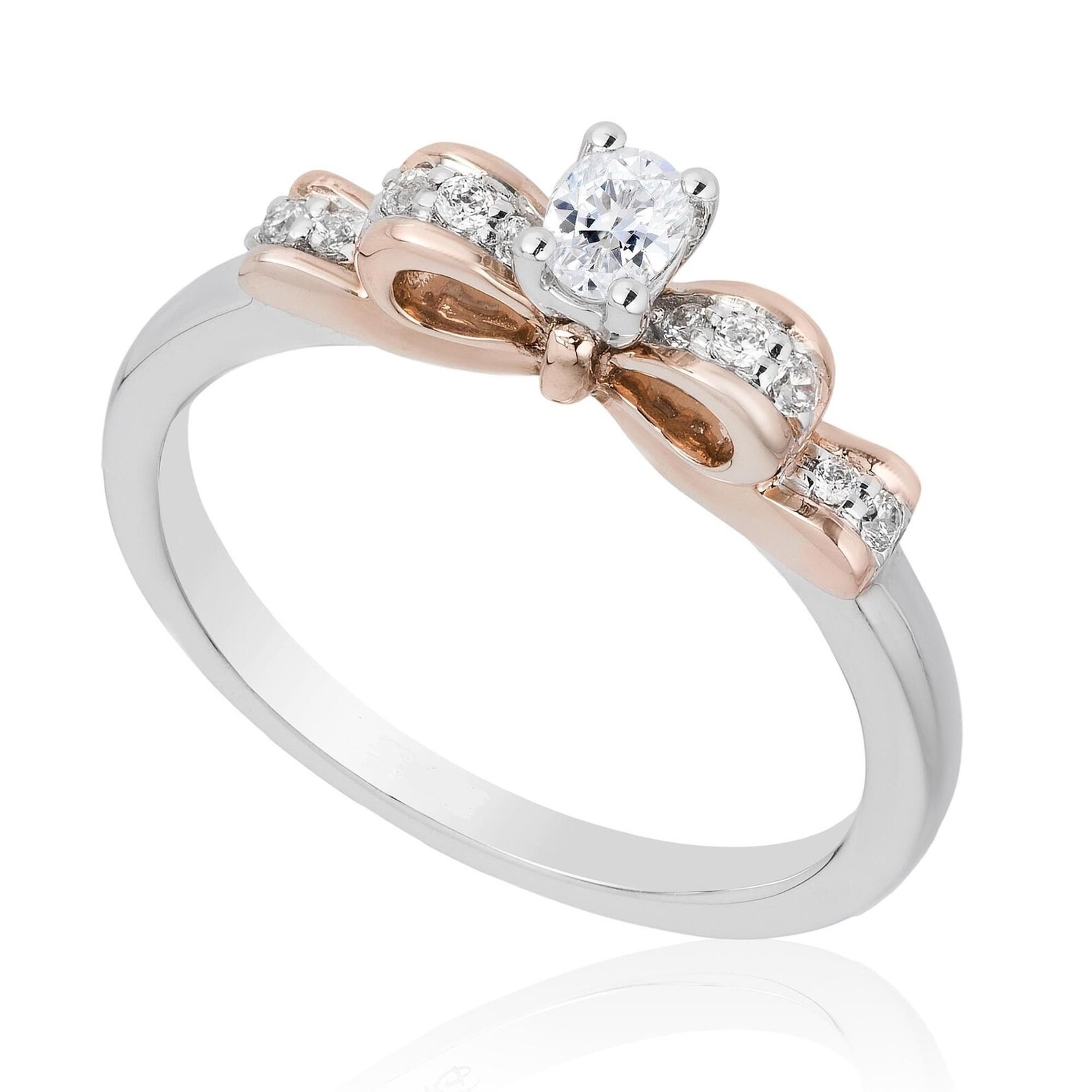 Enchanted Disney Vault Snow White Diamond Bow Engagement Ring in Two-Tone Sterling Silver Unique Sparkling Ring Brilliant Oval Diamond Ring