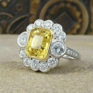 Art Deco 2.0Ct Lab Created Yellow Citrine & Diamond Engagement Ring in 925 Sterling Silver | Citrine Halo Cluster Ring for Women - Image 1