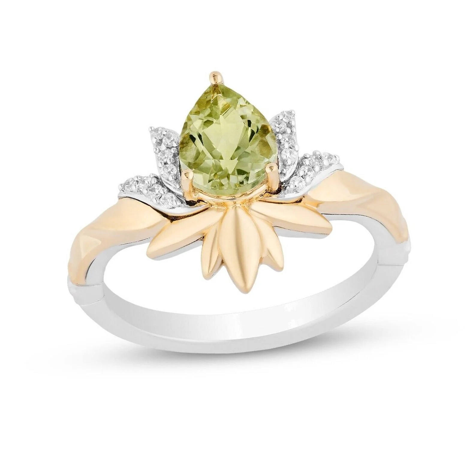 Enchanted Disney Tiana Ring, 2.15 CT Pear-Shaped Green Quartz and Lab Diamond Lily Flower Gift Ring For Women's, Sterling Silver & 10K Gold