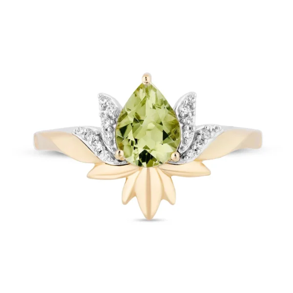 Enchanted Disney Tiana Ring, 2.15 CT Pear-Shaped Green Quartz and Lab Diamond Lily Flower Gift Ring For Women's, Sterling Silver & 10K Gold