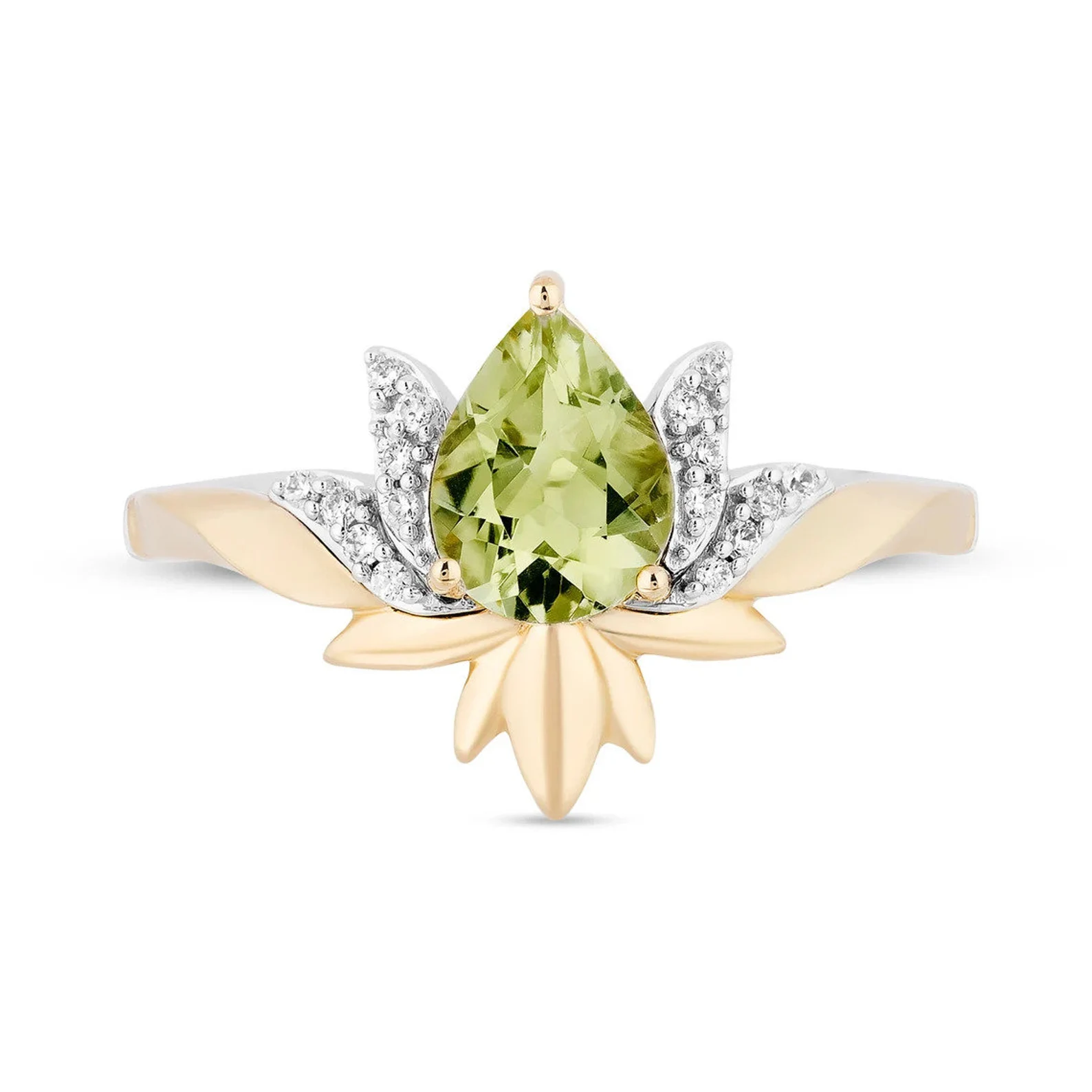Enchanted Disney Tiana Ring, 2.15 CT Pear-Shaped Green Quartz and Lab Diamond Lily Flower Gift Ring For Women's, Sterling Silver & 10K Gold