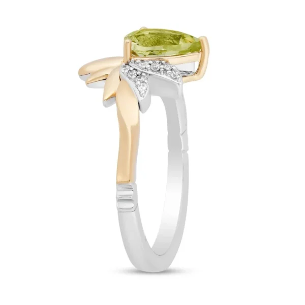 Enchanted Disney Tiana Ring, 2.15 CT Pear-Shaped Green Quartz and Lab Diamond Lily Flower Gift Ring For Women's, Sterling Silver & 10K Gold