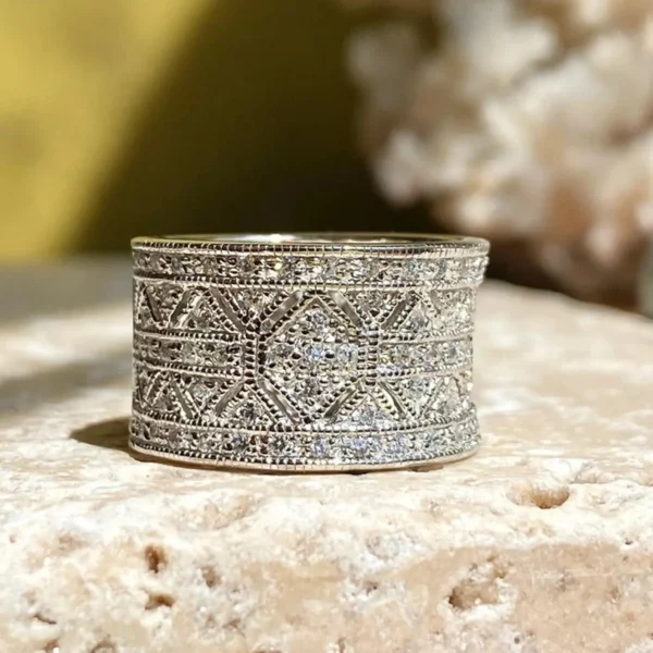 Round Moissanite Diamond Milgrain Half Eternity Band, Wedding Engagement Band, Wide Band Ring, Party Wear Band For Her, Mother's Day Gift