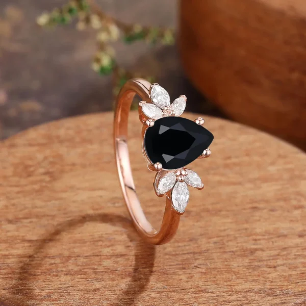 Pear ShapedBlack Onyx Engagement Ring,Vintage Rose Gold Wedding Ring, Marquise Cut Moissanite Diamond Ring, Bridal Anniversary Ring Women