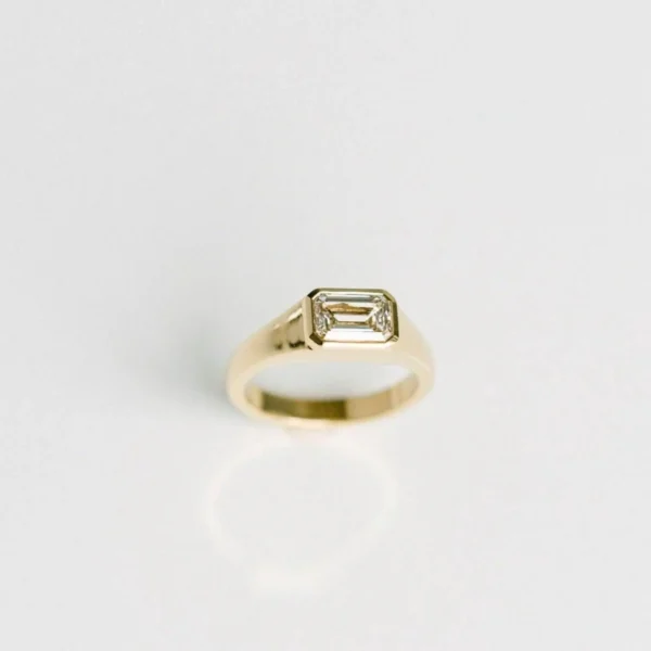 Wide Band Wedding Ring For Women, 1.50 CT East West Emerald Cut Moissanite Band, Solid 14k Yellow Gold With Bezel Setting Ring, Bridal Band