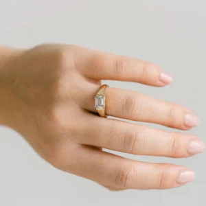 Wide Band Wedding Ring For Women, 1.50 CT East West Emerald Cut Moissanite Band, Solid 14k Yellow Gold With Bezel Setting Ring, Bridal Band
