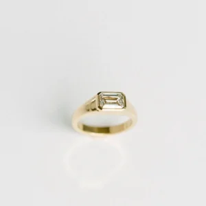 Wide Band Wedding Ring For Women, 1.50 CT East West Emerald Cut Moissanite Band, Solid 14k Yellow Gold With Bezel Setting Ring, Bridal Band