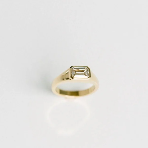Wide Band Wedding Ring For Women, 1.50 CT East West Emerald Cut Moissanite Band, Solid 14k Yellow Gold With Bezel Setting Ring, Bridal Band