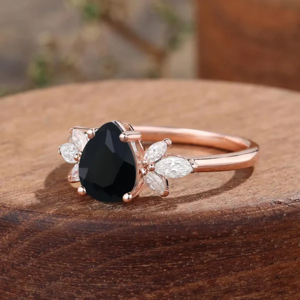 Pear ShapedBlack Onyx Engagement Ring,Vintage Rose Gold Wedding Ring, Marquise Cut Moissanite Diamond Ring, Bridal Anniversary Ring Women