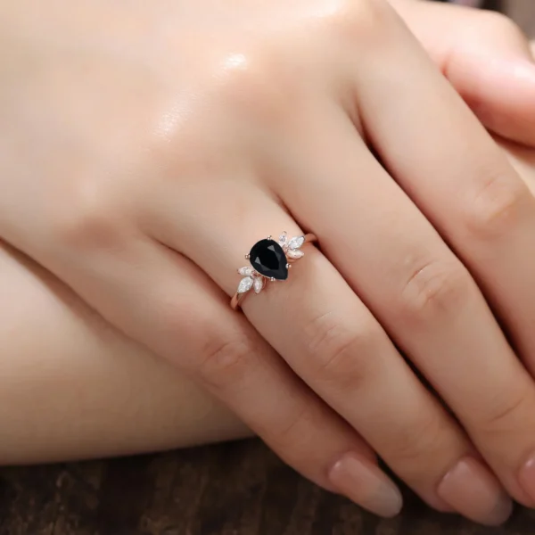 Pear ShapedBlack Onyx Engagement Ring,Vintage Rose Gold Wedding Ring, Marquise Cut Moissanite Diamond Ring, Bridal Anniversary Ring Women