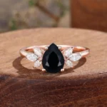 Pear ShapedBlack Onyx Engagement Ring,Vintage Rose Gold Wedding Ring, Marquise Cut Moissanite Diamond Ring, Bridal Anniversary Ring Women