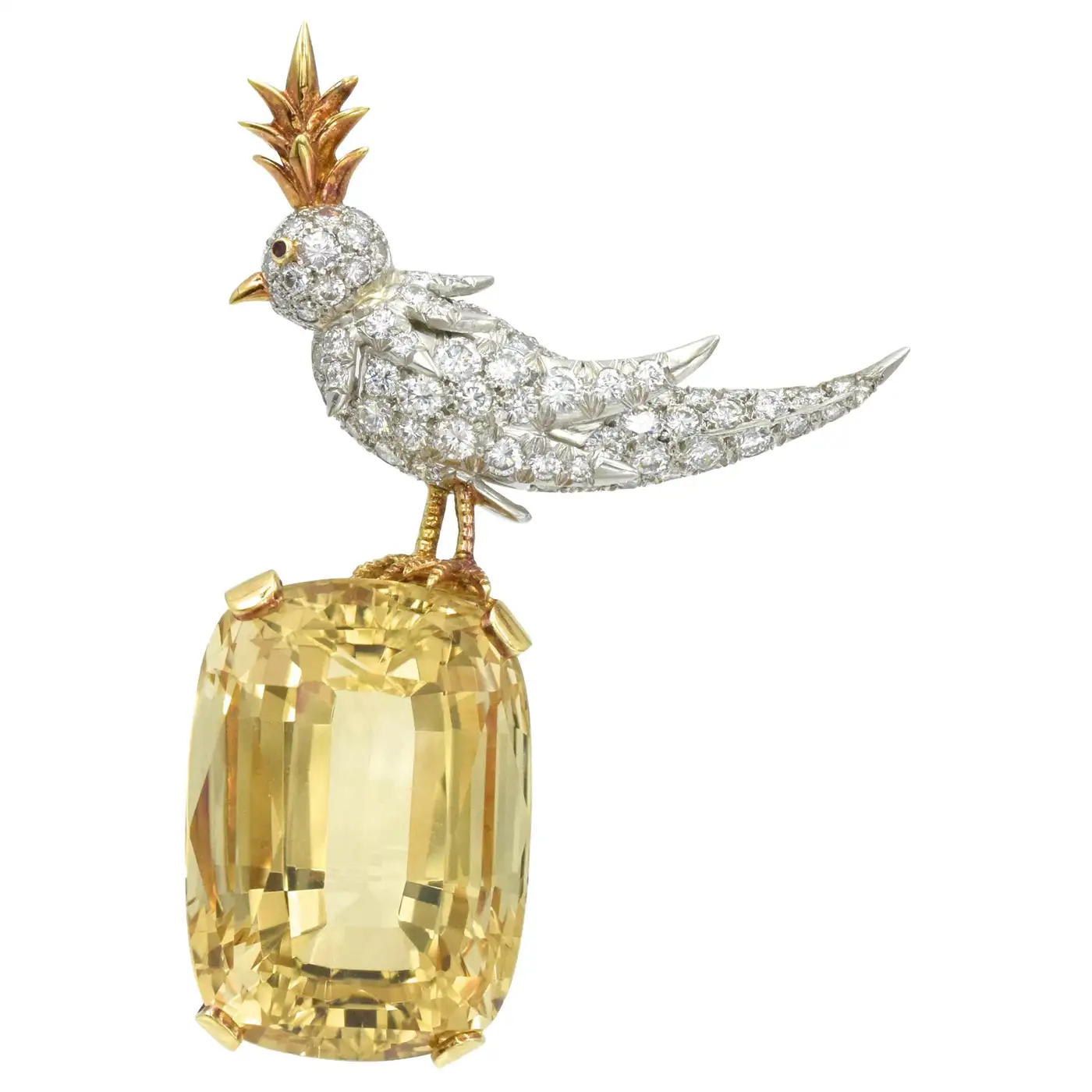 Yellow Cushion Cut Stone Brooch, 925 Sterling Silver Brooch, Bird Brooch with Yellow Stone Brooch, Unisex Brooch