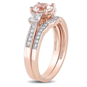 6.5mm Morganite Ring Set, White Sapphire and 1/8 CT Diamond Three Stone Bridal Set in 10K Rose Gold Engagement Ring Set, Unique Women Luxurious Ring Set