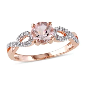 6.0mm Morganite and Diamond Accent Twist Engagement Ring in 10K Rose Gold Sparkling Diamond Twist Ring Glamorous Ring Channel Ring Bezel Set