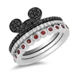 Enchanted Disney Vault Mickey CZ Diamond, Treated Simulated Black Diamond and Garnet Trio Ring Set-Mickey Mouse ear silhouette Ring Sets