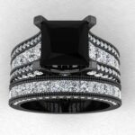 2.50CT Fancy Black Princess Cut Moissanite Gemstone With 3 Row Channel Set Princess & Round Cut Diamind Engagement Wedding Bridal Ring Set