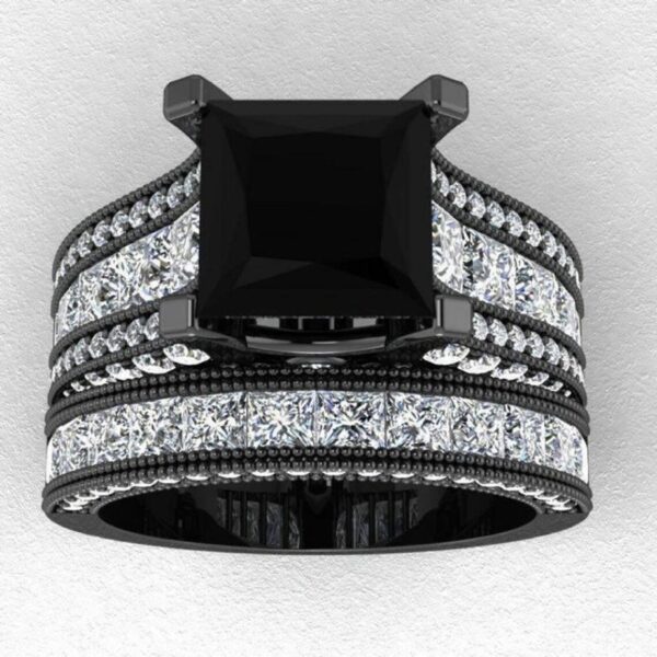 1hh 2.50CT Fancy Black Princess Cut Moissanite Gemstone With 3 Row Channel Set Princess & Round Cut Diamind Engagement Wedding Bridal Ring Set