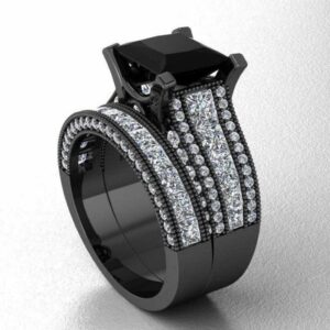 2.50CT Fancy Black Princess Cut Moissanite Gemstone With 3 Row Channel Set Princess & Round Cut Diamind Engagement Wedding Bridal Ring Set