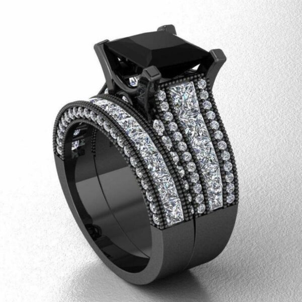2.50CT Fancy Black Princess Cut Moissanite Gemstone With 3 Row Channel Set Princess & Round Cut Diamind Engagement Wedding Bridal Ring Set