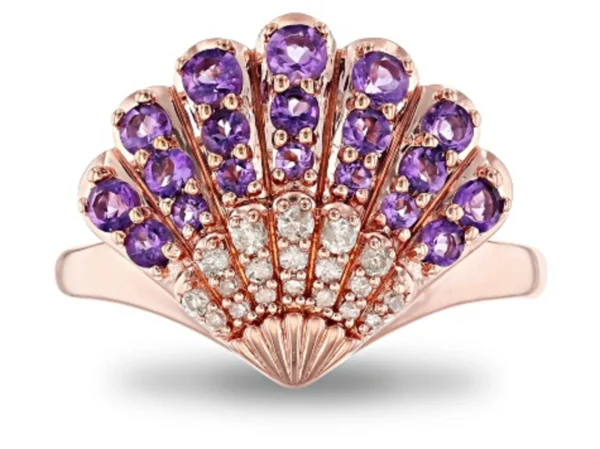 Enchanted Disney Ariel Seashell Ring ,0.75Ct Round Cut Amethyst Diamond Inspired By Ariel Ring, Rose Gold Rhodium Over Sterling Silver Ring